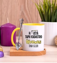 Harita Tapu Kadastro Öğretmeni Ahşap Altlıklı Sarı Kupa Bardak