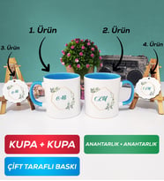 İkili Mavi Çiçek Tasarımlı İsme Özel Kupa Bardak Anahtarlık