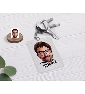 BK Gift Kişiye Özel Erkek Yüz Karikatürlü Şeffaf Pleksi Anahtarlık-1 (Beyaz)