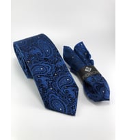 PİERRONİ SAKS MAVİ ŞAL DESEN MENDİLLİ KRAVAT