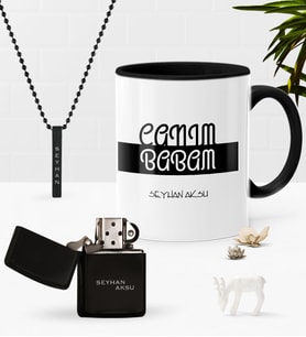 BK Gift Kişiye Özel Canım Babam Siyah Kupa Benzinli Çakmak Kolye Seti-4 (Model 1)