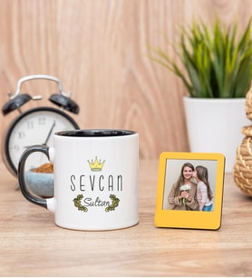 Sultan Tasarım Siyah Kupa Bardak ve Sarı Mini Fotoğraf Çerçevesi