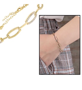 Zirkon Taşlı 6lı Cats Eye Gold Renk 925 Ayar Gümüş Bayan Bileklik