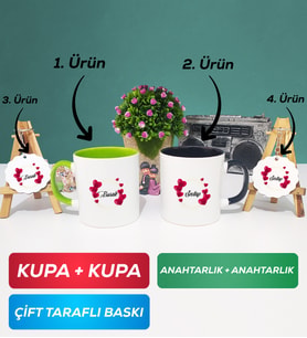 İkili Yeşil Siyah İsme Özel Sevgililer Günü Hediyesi Kupa Bardak Anahtarlık