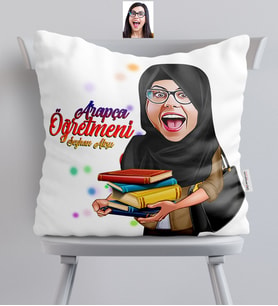 BK Gift Kişiye Özel Tesettürlü Bayan Öğretmen Karikatürlü  Yastık  2