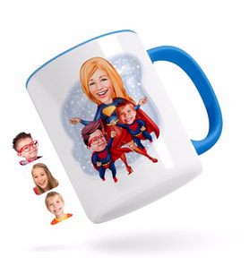 BK Gift Kişiye Özel Süper Anne ve Süper Çocuklar Karikatürlü Mavi Kupa Bardak