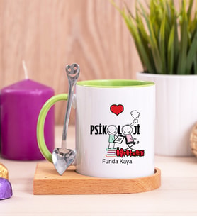 Psikoloji Öğretmeni Ahşap Altlıklı Yeşil Kupa Bardak