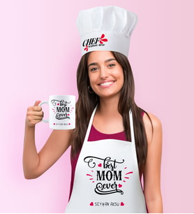 BK Gift Kişiye Özel En İyi Anne Mutfak Önlüğü Aşçı Şapkası ve Kupa Seti - 4 (Beyaz)
