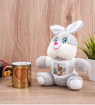 Sevgiliye Hediye Kalpli Gold Kupa Bardak ve Peluş Tavşan