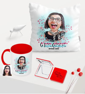 Kadınlar Gününe Özel Karikatürlü Kırmızı Kupa Ayna Yastık Seti - 6 (Model 1)