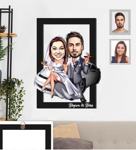Kişiye Özel Gelin Damat Karikatürlü 3D Ahşap Tablo 30x47  Mod-2