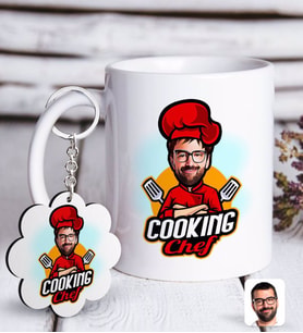 BK Gift Kişiye Özel Erkek Chef Karikatürlü Beyaz Kupa ve Anahtarlık Hediye Seti-11 (Model 1)