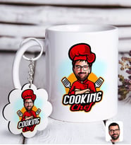 BK Gift Kişiye Özel Erkek Chef Karikatürlü Beyaz Kupa ve Anahtarlık Hediye Seti-11 (Model 1)