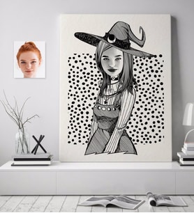 BK Gift Kişiye Özel Bayan Cadılar Bayramı Karikatürlü Kanvas Tablo (70x100cm.)