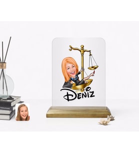BK Gift Kişiye Özel Kadın Avukat Karikatürlü Ahşap Standlı Çerçeve-4 (Beyaz)