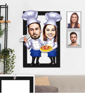 Kişiye Özel Aşçı Sevgili Karikatürlü 3D Ahşap Tablo 30x47 Model-1
