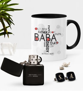 BK Gift Kişiye Özel Baba Siyah Kupa Çakmak Kol Düğmesi Seti-1 (Model 1)