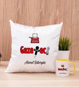Gazeteci Kare Yastık ve Sarı Kupa Bardak