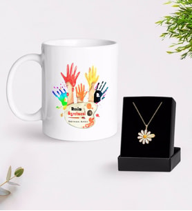 BK Gift Kişiye Özel Resim Öğretmeni Beyaz Kupa ve Papatya Kolye Hediye Seti-3 (Model 1)