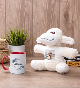 İsme Özel Çiçek Desenli Kırmızı Kupa Bardak ve Peluş Koyun