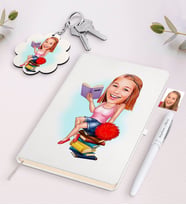 BK Gift Kişiye Özel Kadın Öğrenci Karikatürlü Beyaz Defter Kalem ve Anahtarlık Hediye Seti (Model 1)