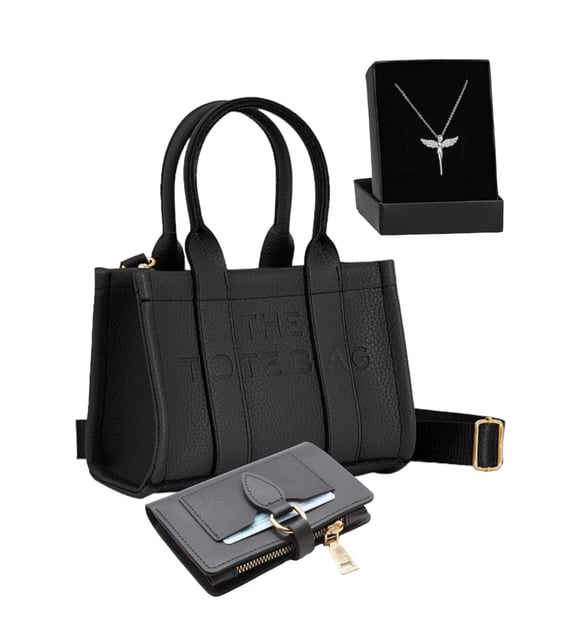 Givenza Anneler Gününe Özel  Melek Kolye Ve Çüzdan Hediyeli The Tota Bag (Siyah)