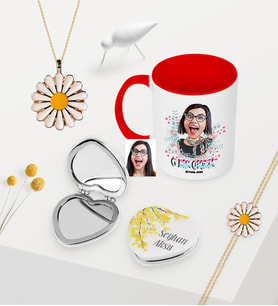 Kadınlara Özel Karikatürlü Kupa Çiçekli Ayna Papatya Kolye Bileklik Seti - 6 (Model 1)