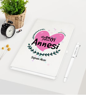 BK Gift Kişiye Özel Dünyanın En İyi Annesi Beyaz Defter Kalem Seti - 11