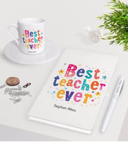 BK Gift Kişiye Özel En İyi Öğretmen Beyaz Defter Kalem Türk Kahvesi Fincanı Seti-12 (Model 1)