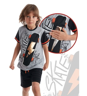 Thunder Skate Erkek Çocuk T-shirt Şort Takım (Siyah-Gri)