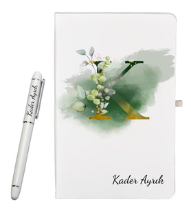 Kjişiye Özel Hazırlanmış Harf Tasarımlı Hediye Defter ve Roller Kalem Seti