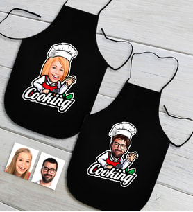 BK Gift Kişiye Özel İkili Bay ve Bayan Chef Karikatürlü Siyah Mutfak Önlüğü Seti-14