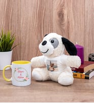 İki İsimli Çiftlere Özel Sarı Kupa Bardak ve Peluş Köpek