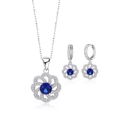 Gümüş Lüks Mavi Safir Taşlı Çiçek Model Kadın Kolye Küpe Set