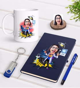 BK Gift Kişiye Özel Kadın Diş Hekimi Karikatürlü Lacivert Defter Kalem Kupa 32gb USB Bellek Hediye Seti-1 (Model 1)