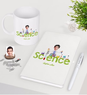 BK Gift Kişiye Özel Erkek Fen Bilimler Öğretmeni Beyaz Defter Kalem Kupa Seti-1 (Model 1)