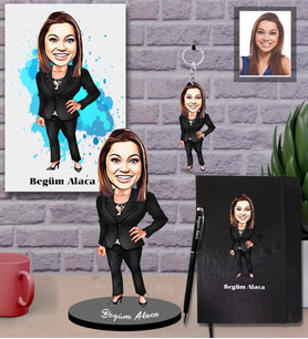 Kişiye Özel İş Kadını Karikatürlü 5 li Hediye Seti Bayan-23