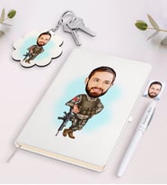 BK Gift Kişiye Özel Asker Karikatürlü Beyaz Defter Kalem ve Anahtarlık Hediye Seti-2 (Model 1)