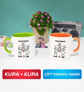 İkili Kişiye Özel Sevgililer Günü Hediyesi Kupa Bardak Yeşil Turuncu