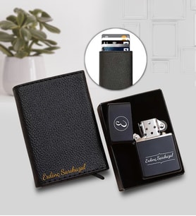 Kişiye Özel Zippo Tarzı Çakmak & Mekanizmalı Kartlık Hediye Seti