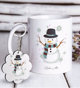BK Gift Kişiye Özel Kardan Adam Beyaz Kupa ve Anahtarlık Hediye Seti-1 (Model 1)