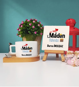 Mesajlı Maden Mühendisi Tasarımlı Kişiye Özel Maden Mühendisi Ahşap Altlıklı Fincan ve Dekoratif Taş Baskı Hediye Seti