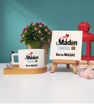 Mesajlı Maden Mühendisi Tasarımlı Kişiye Özel Maden Mühendisi Ahşap Altlıklı Fincan ve Dekoratif Taş Baskı Hediye Seti