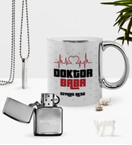 BK Gift Kişiye Özel Doktor Baba Krom Kupa Benzinli Çakmak Kolye Seti-2 (Model 1)