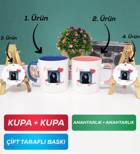 İkili Lacivert Pembe Sevgiliye Sevgililer Günü Hediyesi 7 Kupa Bardak Anahtarlık