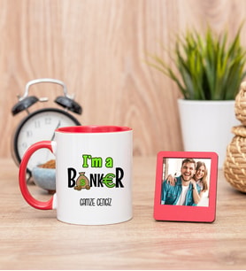 Bankacı Kırmızı Kupa Bardak ve Kırmızı Mini Fotoğraf Çerçevesi