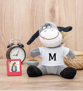 Kişiye Özel Baş Harfli Peluş Eşek ve Mini Fotoğraf Çerçevesi