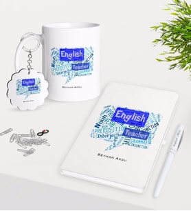 BK Gift Kişiye Özel İngilizce Öğretmeni Kupa Anahtarlık Beyaz Defter Kalem Hediye Seti-4 (Model 1)