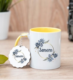 İsme Özel Çiçek Desenli Sarı Kupa Bardak Ve Anahtarlık Set