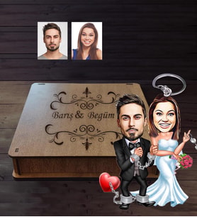 Kişiye Özel Gelin Damat Karikatürlü Ahşap Anahtarlık Kutulu  Mod-7